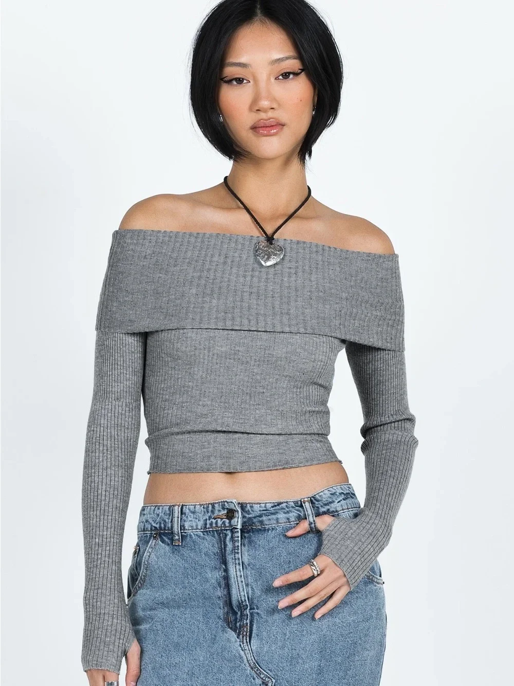 Princess Polly Morley Off Shoulder Sweater Grey Marle